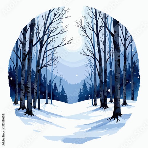 Winter forest landscape with snow-covered trees and blue sky  