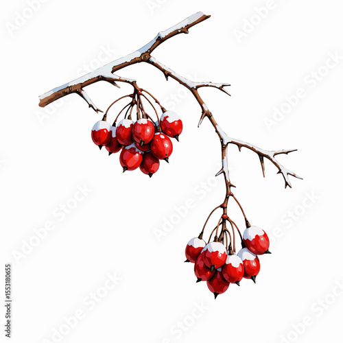 Red berries on branch covered with snow in winter season  