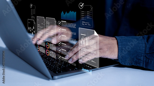 Company satisfaction check uses virtual checklist, document approval, survey data, and connected folder database for inspection, exam report, and efficient management