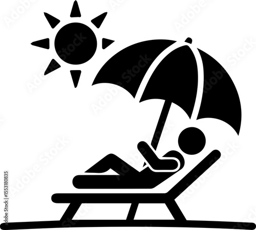 Person relaxing on a beach lounge chair under a parasol with sun shining. Leisure, summer vacation, and holiday icon.