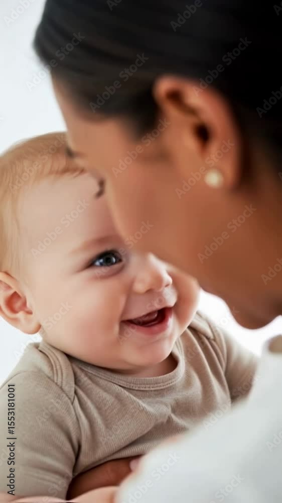 Loving mother gently kisses her laughing baby's forehead in a tender close-up, capturing a heartwarming moment of maternal affection, ideal for themes of motherhood and family bonding Loving mother gently kisses her laughing baby's forehead in a tender close-up, capturing a heartwarming moment of maternal affection, ideal for themes of motherhood and family bonding