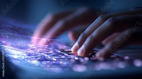 Close-up of hands typing on a laptop keyboard