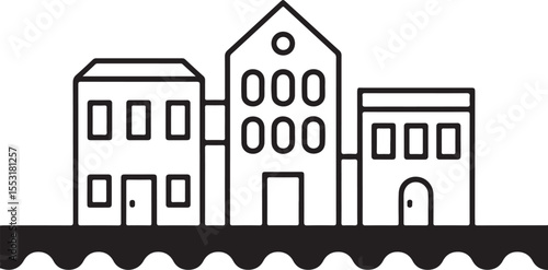 Cityscape Outline Vector Illustration with Buildings and River Symbols