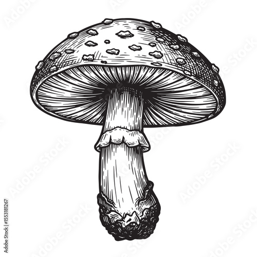 Detailed vintage art silhouette illustration of a poisonous fly agaric mushroom on a white background for design projects
