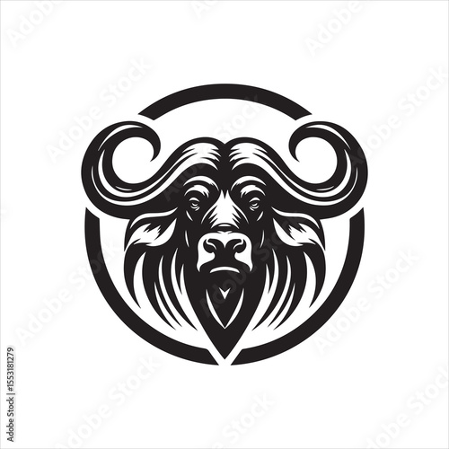A striking black and white emblem showcasing a buffalo head within a circular frame, rendered in a bold, stylized design.