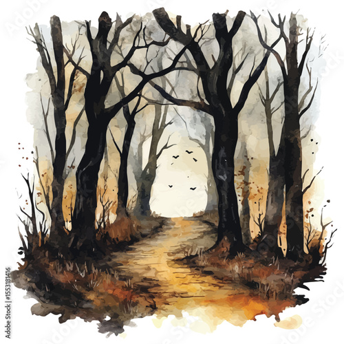 Spooky Forest Path Lit, watercolor painting vector, isolated on a white background.