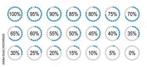 Set of round diagrams icons for infographics from 0 to 100 percent. Blue, grey color fill divided pie charts indicator. Percentage infographics minimalist elements. Circle graph loading progress.