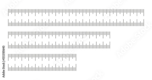 Measuring charts with 10,15, 20 centimeters. Length measurement math, distance, height, simple sewing tools. Set of templates rulers scale without numbers.