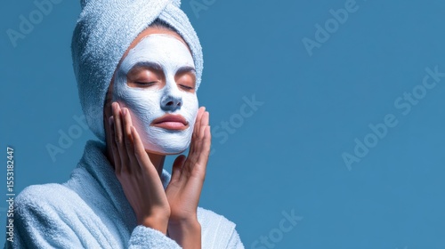 Woman Applying White Face Mask Skincare Blue Background