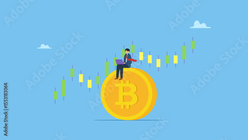 Businessman investor using laptop to trade crypto on big bitcoin with candlestick price graph chart. Bitcoin and cryptocurrency investing, crypto trading make profit and earning from Bitcoin price.
