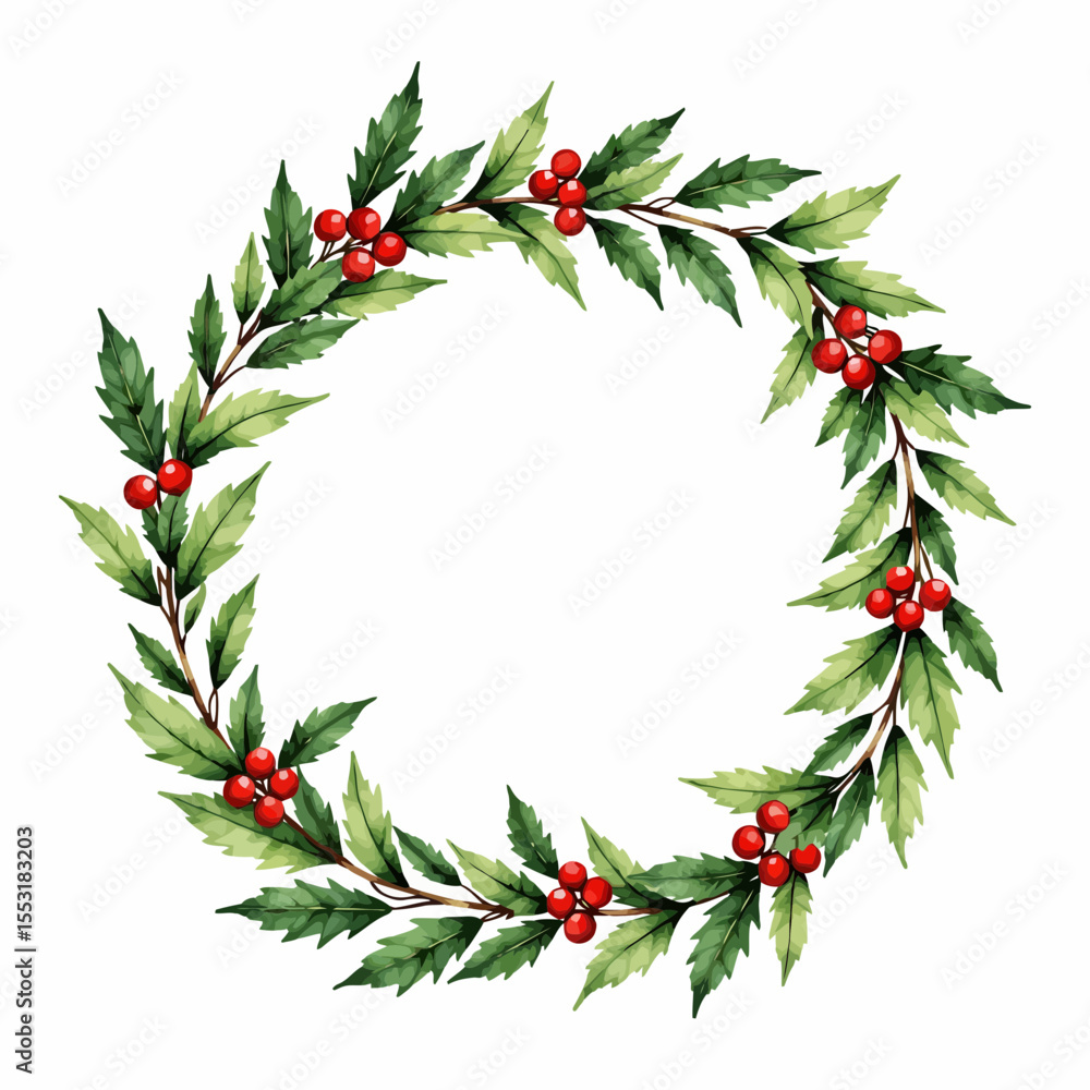 Fototapeta premium Holiday wreath with green leaves and red berries in circular shape 