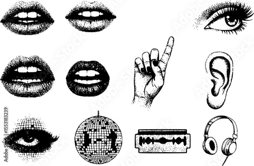 Halftone monochrome stipple elements set Mouths, eyes, hands, ears, disco ball, headphones, speaker, razor blade. Grunge punk dots texture for y2k collage design Retro photocopy vector illustration 