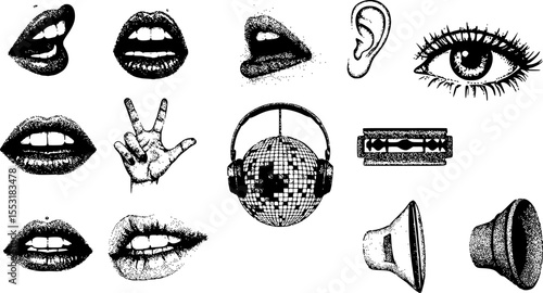Halftone monochrome stipple elements set Mouths, eyes, hands, ears, disco ball, headphones, speaker, razor blade. Grunge punk dots texture for y2k collage design Retro photocopy vector illustration 