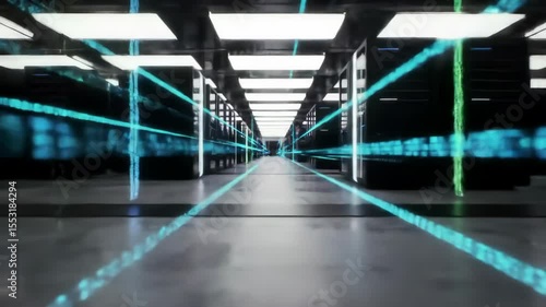 Futuristic data center corridor with glowing lines of data. Digital network and technology concept.