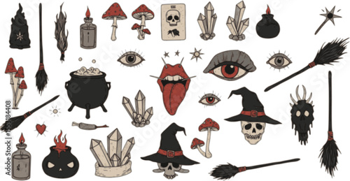 Big collection of wizardry elements for magic rituals or tarot deck, cauldron and crystals tongue, dead eye, mushrooms Halloween different witchcraft and sorcery tmagician and voodoo hand drawn