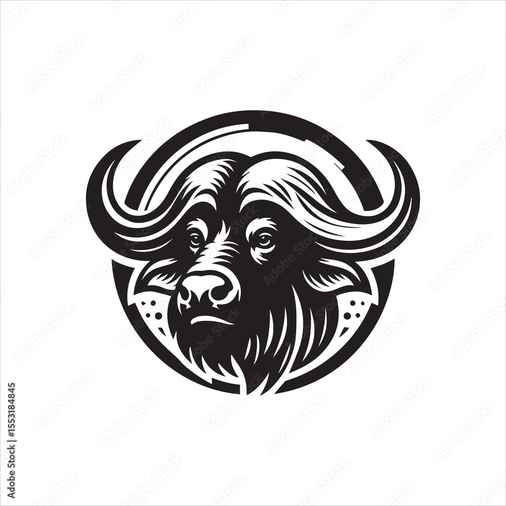 Naklejka premium A stylized black and white illustration of a buffalo head with curved horns inside a circular frame.