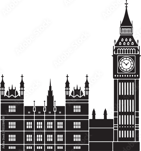 Houses of Parliament and Big Ben Silhouette Vector Landmark Illustration