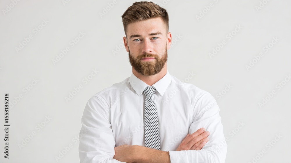 Handsome male office worker in formal attire, arms crossed, white clean background. Handsome male office worker in formal attire, arms crossed, white clean background.