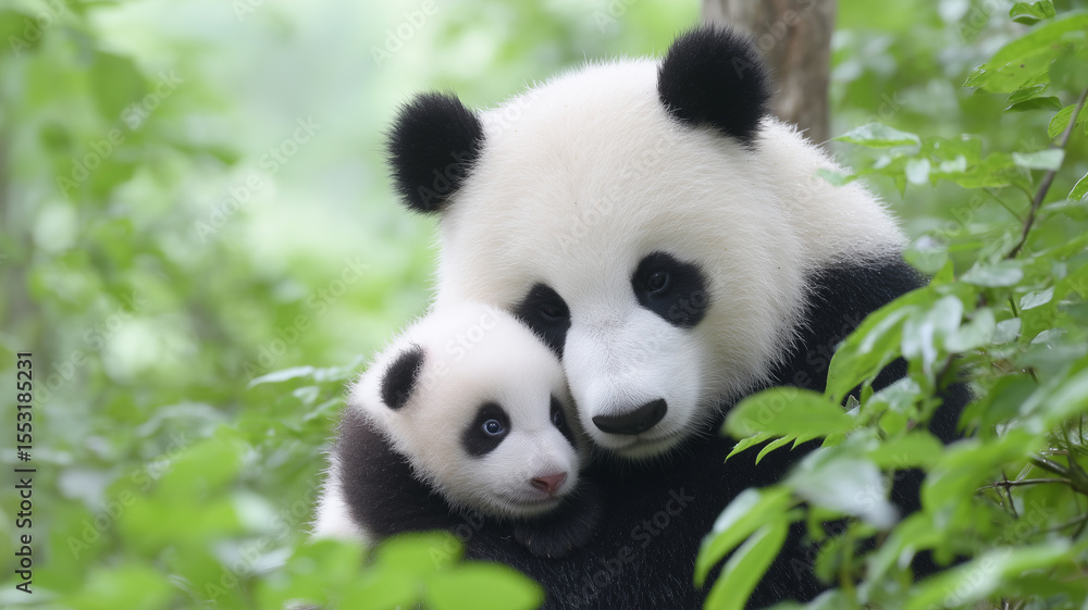 Fototapeta premium Giant panda mother cuddling baby panda in green forest, tender moment showing affection and care in natural habitat