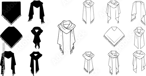 set of women's scarf flat sketch vector illustration cad mock up template
