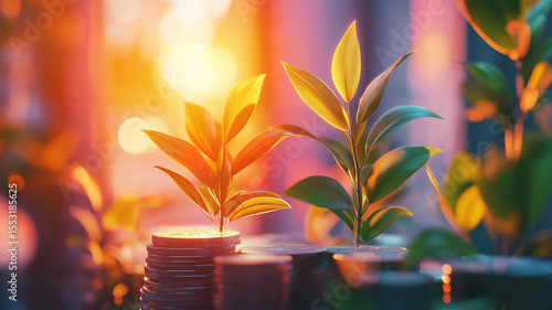 Growing plants on coin stacks reflect wealth building saving habits and investment planning