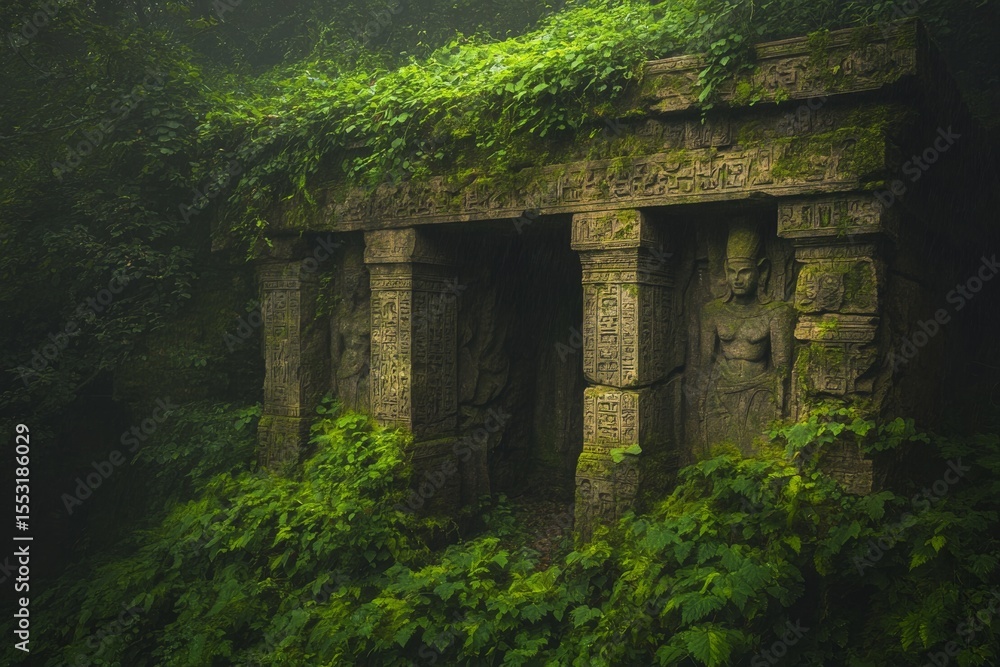 Maximalism in overgrown ancient ruins with lush vegetation and intricate stone carvings Maximalism in overgrown ancient ruins with lush vegetation and intricate stone carvings