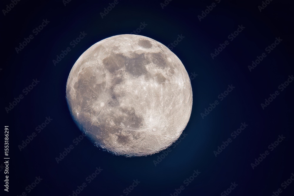 Detailed Full Moon View Against a Dark Blue Night Sky, Lunar Surface Features Detailed Full Moon View Against a Dark Blue Night Sky, Lunar Surface Features