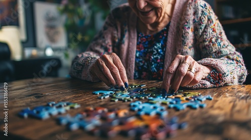 Elderly woman concentrating on solving jigsaw puzzle at wooden table, senior mental exercise and cognitive stimulation for memory care and dementia prevention.