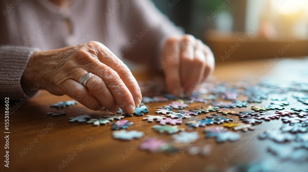 Elderly woman concentrating on solving jigsaw puzzle at wooden table, senior mental exercise and cognitive stimulation for memory care and dementia prevention. Elderly woman concentrating on solving jigsaw puzzle at wooden table, senior mental exercise and cognitive stimulation for memory care and dementia prevention.