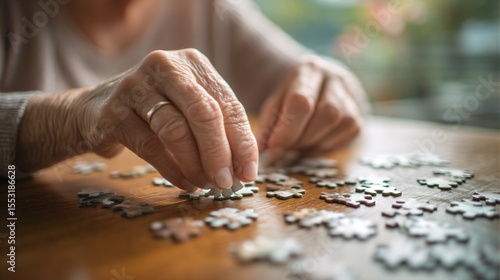 Elderly woman concentrating on solving jigsaw puzzle at wooden table, senior mental exercise and cognitive stimulation for memory care and dementia prevention.