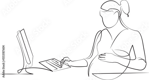 One continuous line drawing on white isolated background. Minimalism linear illustration. person, mother, office, pregnant, businesswoman, working, business, technology, confidence, indoor