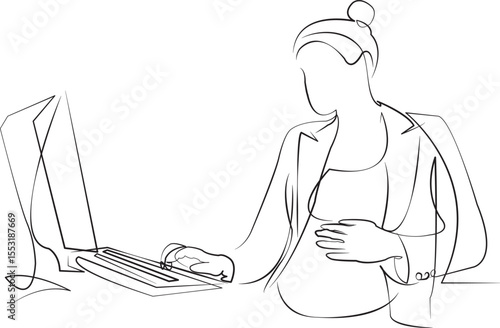 One continuous line drawing on white isolated background. Minimalism linear illustration. person, working, office, business, pregnant, technology, businesswoman, computer, indoor, woman