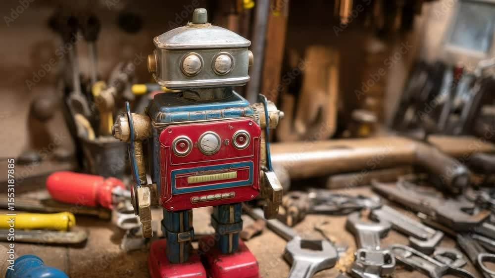 Robot toy stands on a workbench surrounded by various tools and equipment in a vibrant workshop during daylight hours Robot toy stands on a workbench surrounded by various tools and equipment in a vibrant workshop during daylight hours