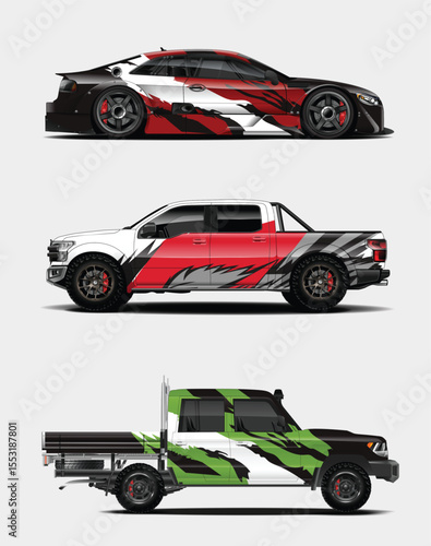 Three Customized Vehicles with Unique Wraps Sports Car Truck and Flatbed