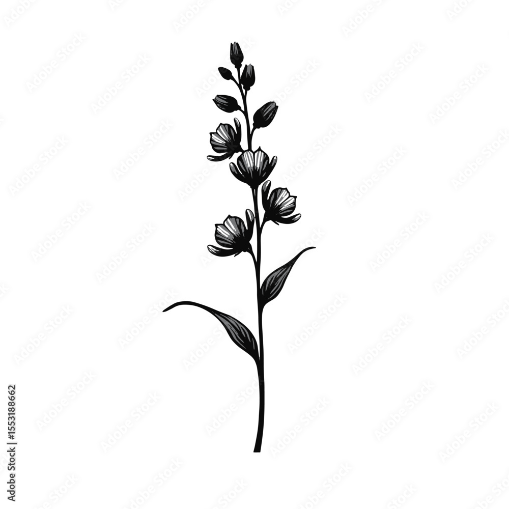 Obraz premium Black Silhouette Snapdragon Flower Vector with Vertical Stalk and Small Symmetrical Blooms on White Background Full HD