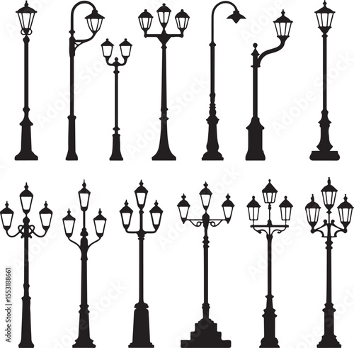 Street Lamp Silhouette Collection Classic Urban Lighting Fixtures Vector