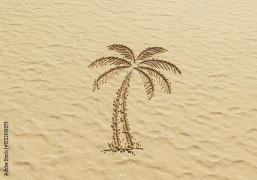 A simple palm tree drawn in the sand with textured ripples creating a serene beach landscape illustration