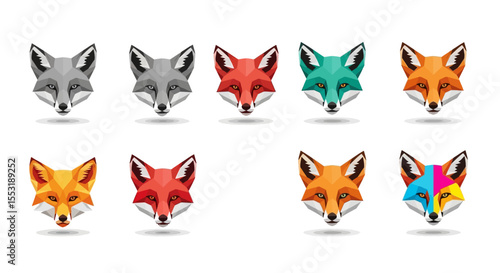 Eight Geometric Low-Poly Fox Head Illustrations in Varying Colors
