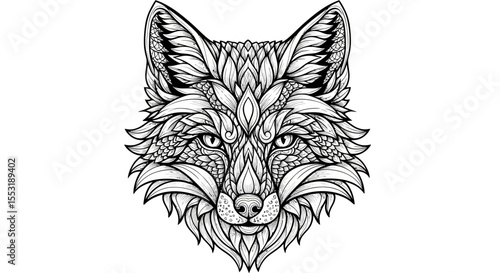 Intricate Black and White Detailed Fox Head Illustration Design