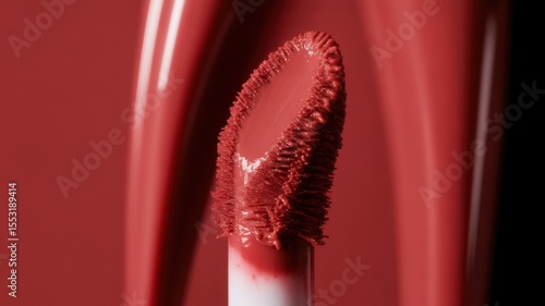 Close-up of red lipstick applicator with glossy texture
