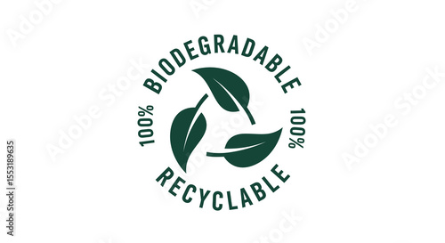 Green Biodegradable and Recyclable Symbol with Leaves and Text