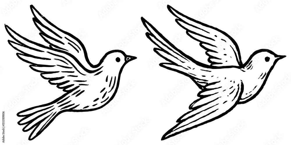 Obraz premium PNG Two black and white line art birds in flight element set on transparent background.