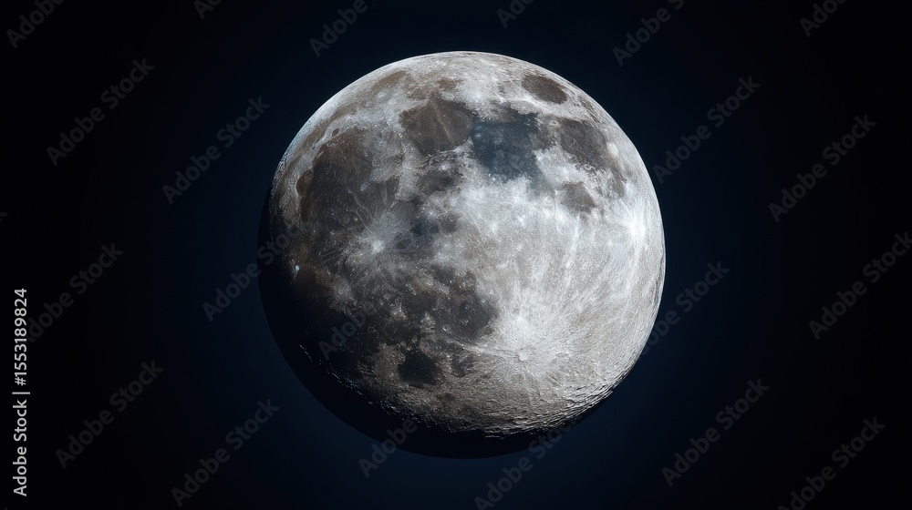 Fototapeta premium Detailed View of the Moon's Surface Against a Dark Sky Showing Craters and Lunar Features