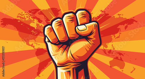 Powerful Raised Fist Against Global Issues, Orange and Red Graphic Style