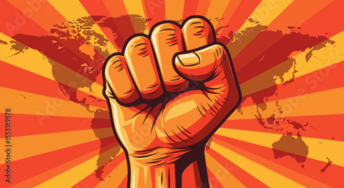 Powerful clenched fist raised high against a vibrant sunburst background featuring a stylized world map, symbolizing global unity or revolution.