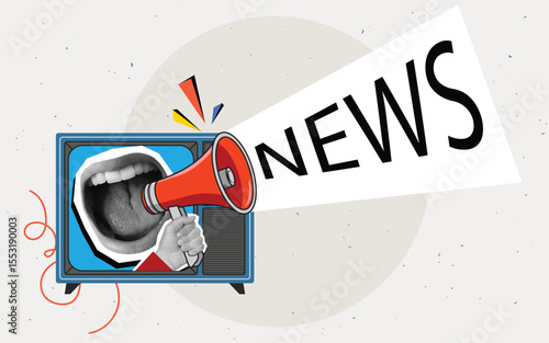 Mouth screaming News into a red megaphone from a retro TV screen. Modern collage style. Vector illustration