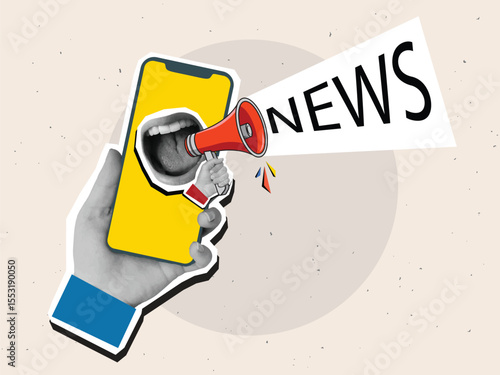 Mouth screaming into a red megaphone from a phone screen.Modern collage style. Vector illustration