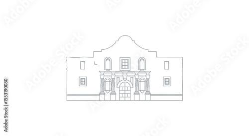 Fotografi The Alamo Mission Facade: Detailed Gray Line Art Illustration on White Backgroun
