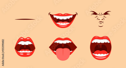 Cartoon Mouths Displaying Various Emotions and Expressions on Beige Background