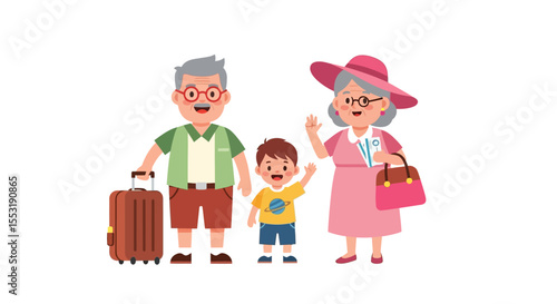 Cartoon Grandparents and Grandson Ready for Vacation with Suitcase and Tickets